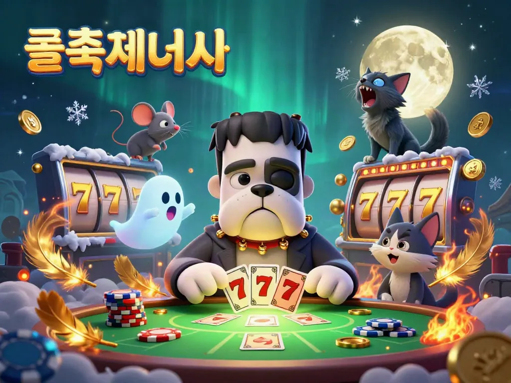 슬롯사이트에서 카드 게임을 진행하는 프랑켄슈타인 불독 몬스터와 다양한 슬롯 요소들이 함께 어우러진 장면.