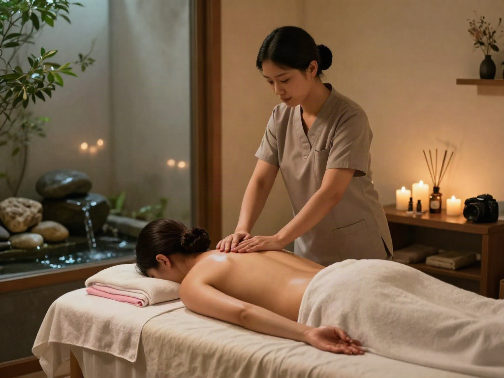 Relaxing scene of 시흥출장안마 service in a serene home spa setting with a professional therapist.