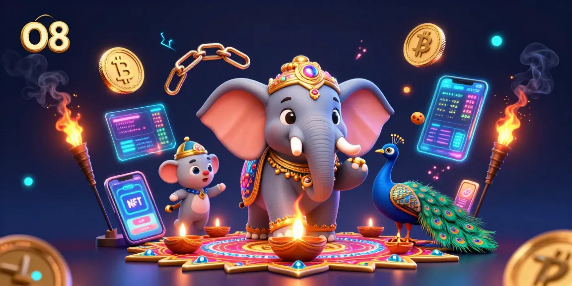 Engage in thrilling O8 gaming with ornate elephant and peacock amid crypto elements.