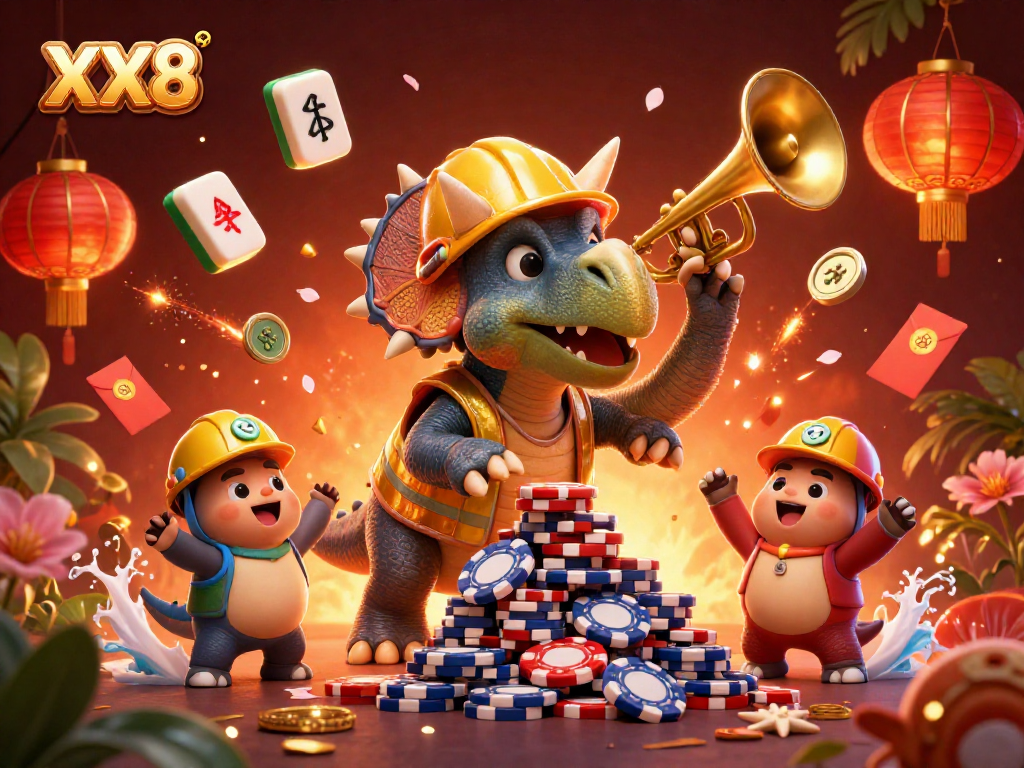 Celebrate with XX8 as the triceratops builds a poker chip pyramid amidst vibrant casino elements.