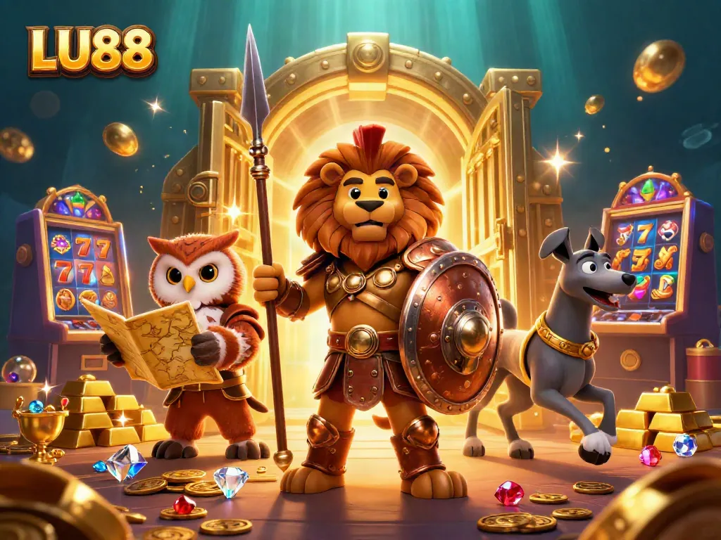 Spin the LU88 slots for exciting wins with a vibrant treasure-filled casino scene featuring heroes and rewards.