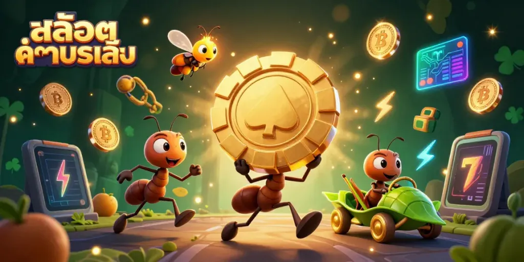 ลองเล่นเกมสล็อตฟรีในภาพที่มีตัวการ์ตูนและชิปโป๊กเกอร์ขนาดใหญ่