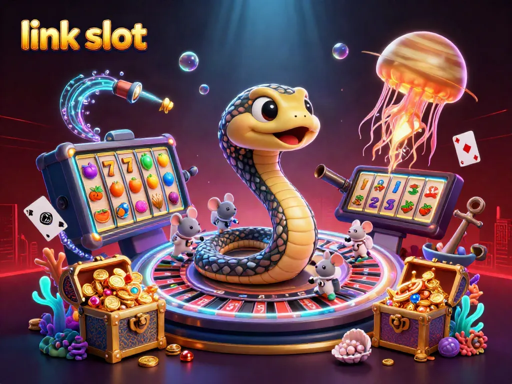 Experience thrilling link slot gameplay surrounded by cosmic casino elements in this vibrant 3D illustration.