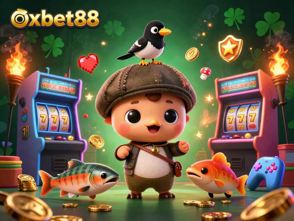 Win big with oxbet88 in this vibrant 3D illustration of a fun casino scene packed with exciting game elements.