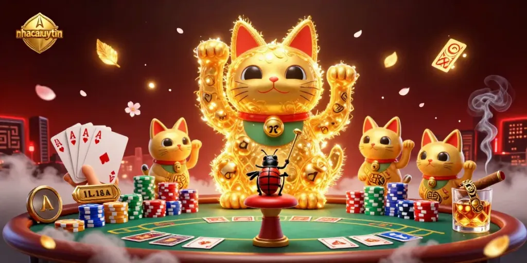 Experience the lively nhacaiuytin casino scene with a lucky cat made of golden fireflies, surrounded by poker elements.