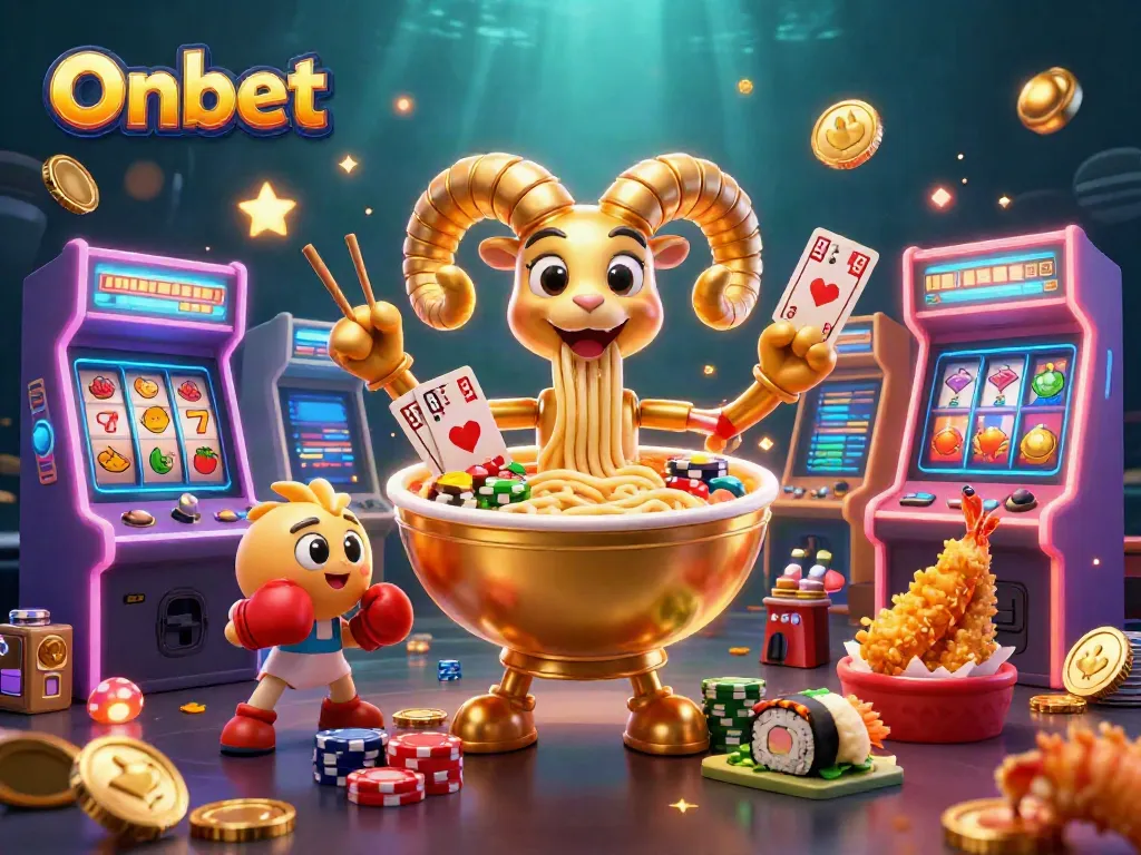 Join the fun at Onbet with a dynamic 3D casino scene featuring colorful gaming elements and lively characters.