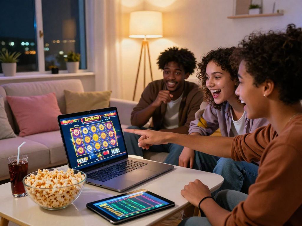 A diverse group enjoying bandar slot games on a laptop in a cozy living room with snacks and drinks.