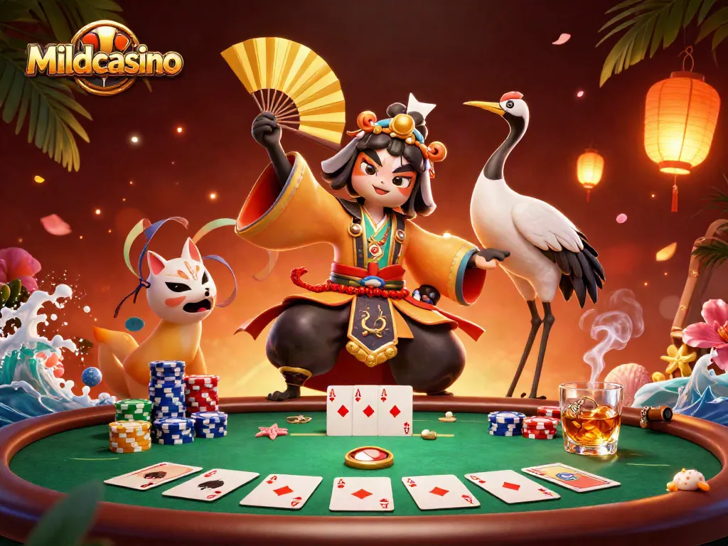 Mildcasino showcases an exhilarating scene with a kabuki warrior at a poker table, celebrating winning hands.
