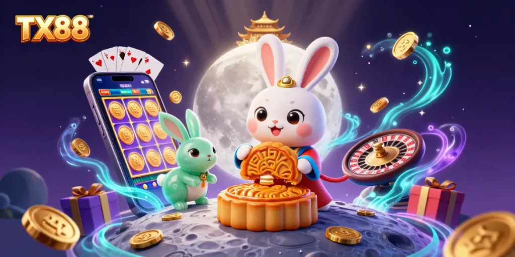 Join the fun at TX88 with a vibrant scene depicting a lunar-themed casino adventure!