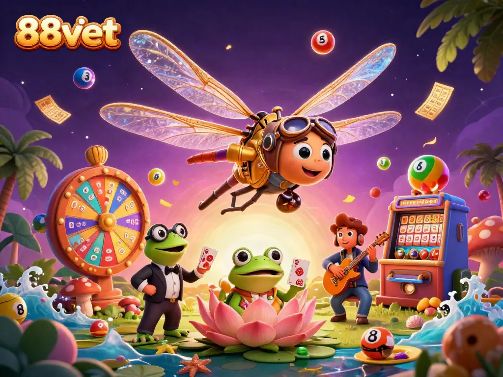 Experience 88vbet's vibrant casino scene with dragonfly pilots, frogs, and dynamic gaming elements.