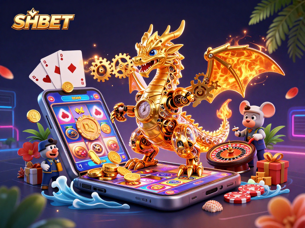 Experience thrilling gameplay at SHBET with a golden dragon, slots, and poker elements in action.