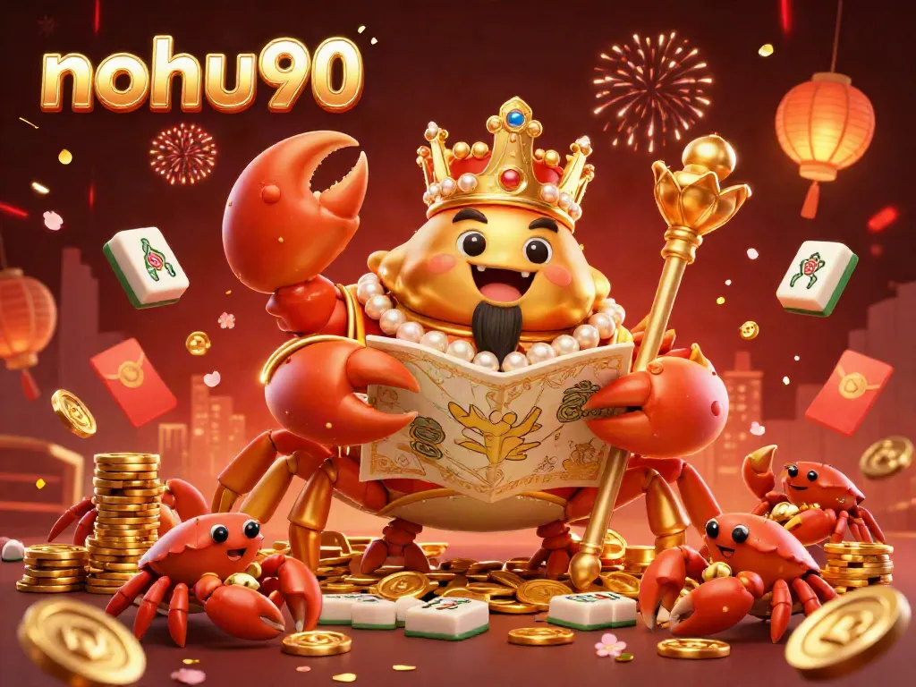 Nohu90 showcases vibrant casino-themed elements with a golden crab emperor, chips, and festive decorations.