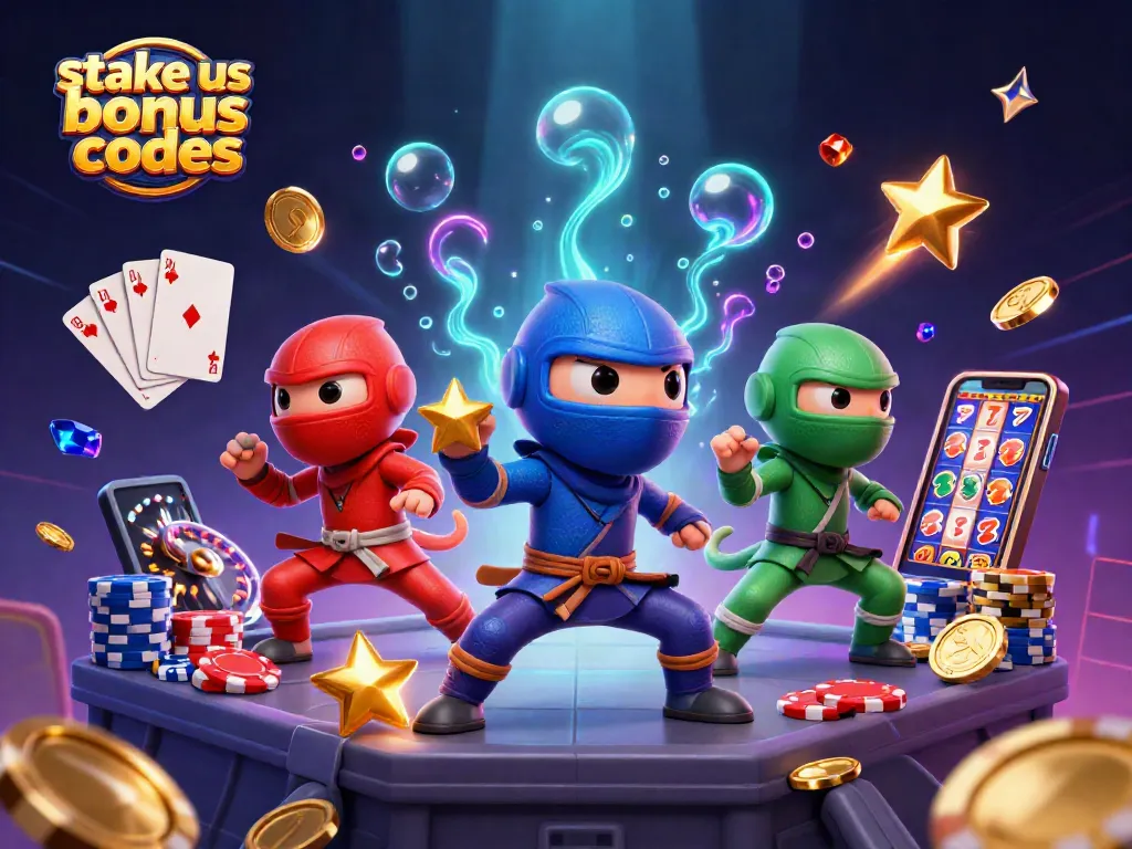 Engage with stake us bonus codes as cartoon chameleons showcase thrilling casino adventures in a dynamic 3D scene.
