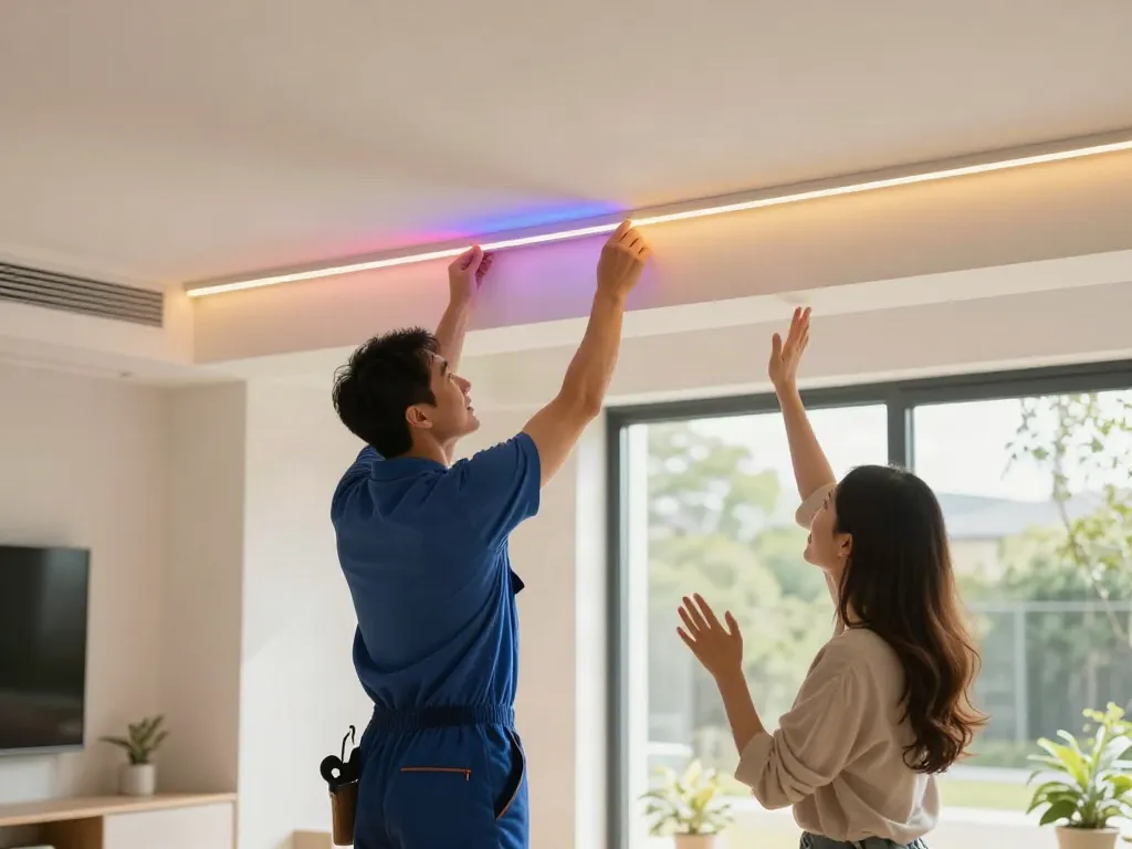 Instalare banda LED COB de către un serviciu local profesionist, iluminat modern.