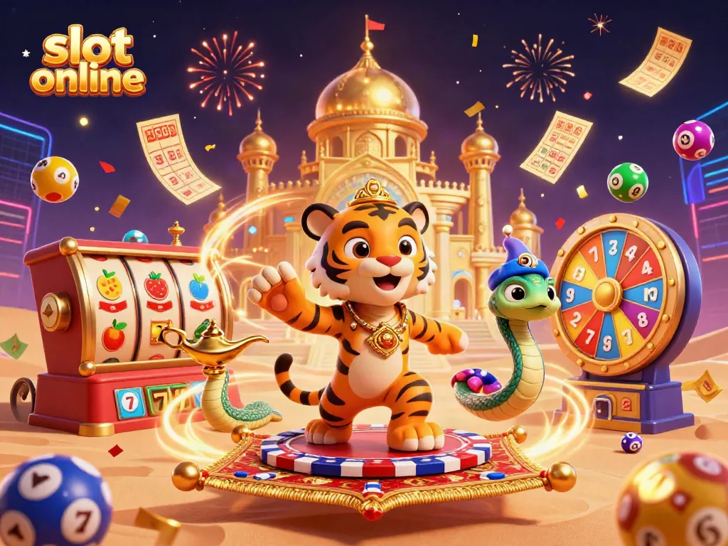 Experience thrilling slots online with this vibrant 3D illustration featuring magical elements and prizes.
