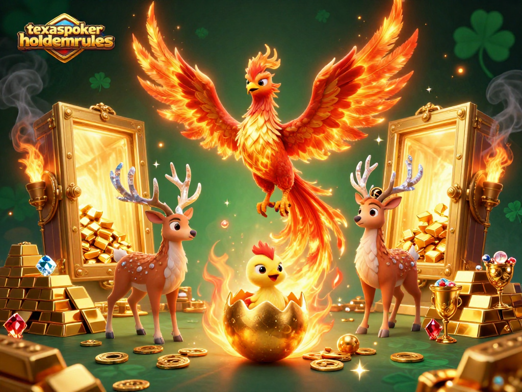 Watch the phoenix soar in this texaspokerholdemrules-themed casino illustration featuring gold treasures.
