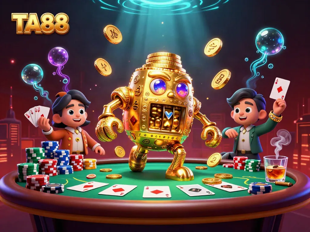 Experience thrilling gaming at TA88 with a vibrant casino scene featuring gold golems and poker tables.