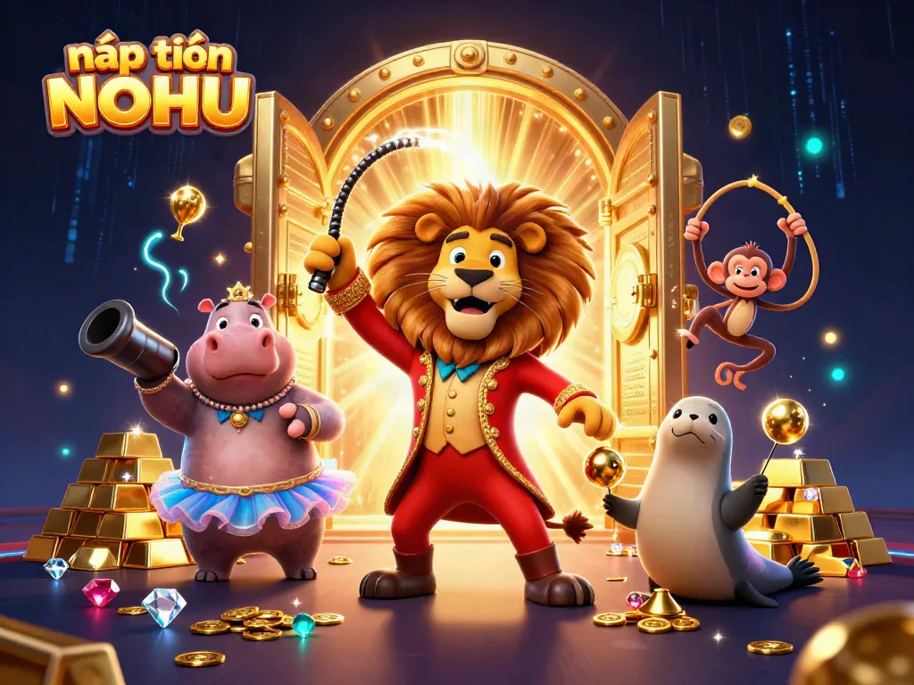 Experience the excitement of nạp tiền NOHU while surrounded by dazzling casino treasures in this colorful 3D scene.