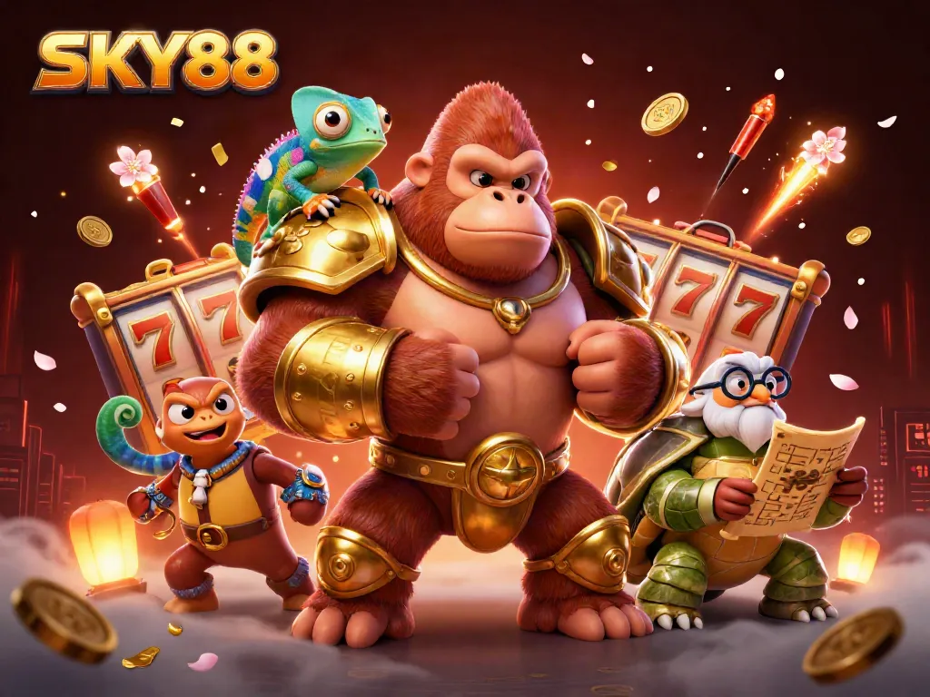 SKY88 Casino scene featuring a powerful gorilla king surrounded by colorful slot elements and gambling symbols.
