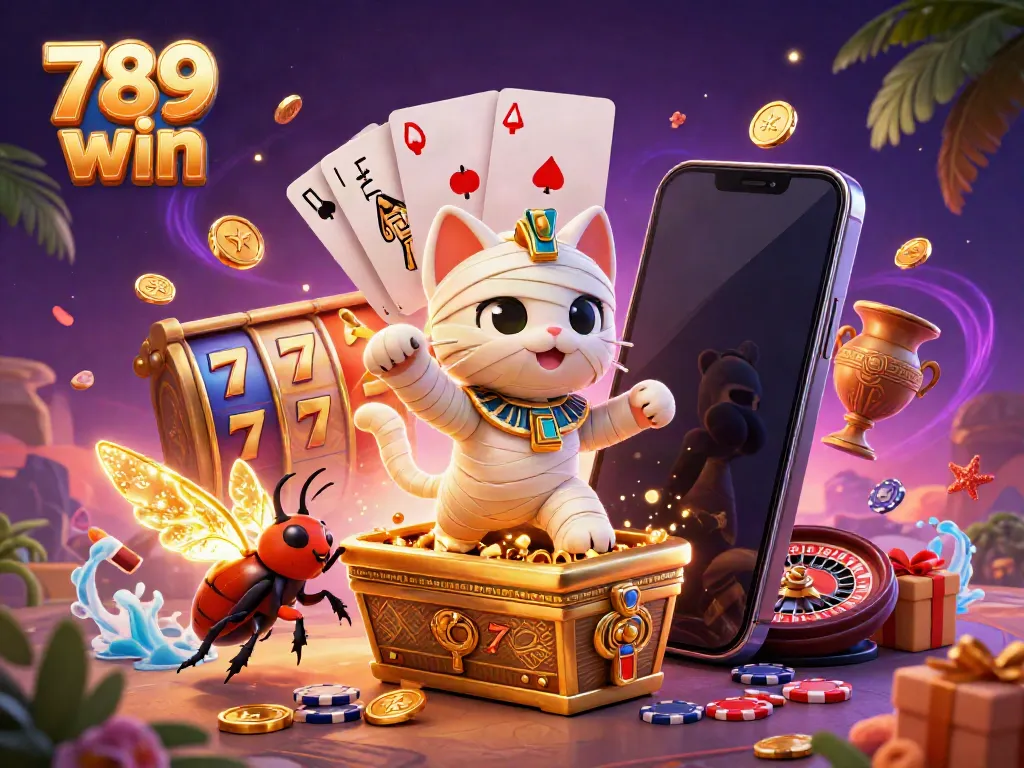 Experience thrilling moments with 789 win; a cartoon mummy cat and games in a colorful casino.