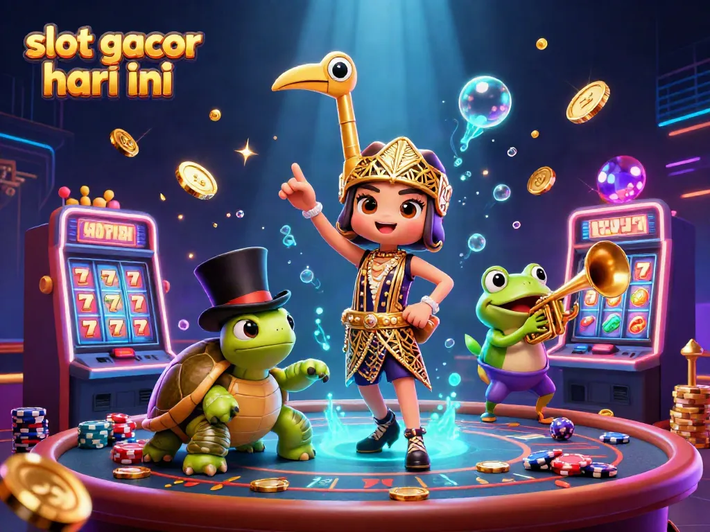 Menghadirkan suasana bermain slot gacor hari ini dengan karakter kartun kasino yang meriah dan simbol keberuntungan.
