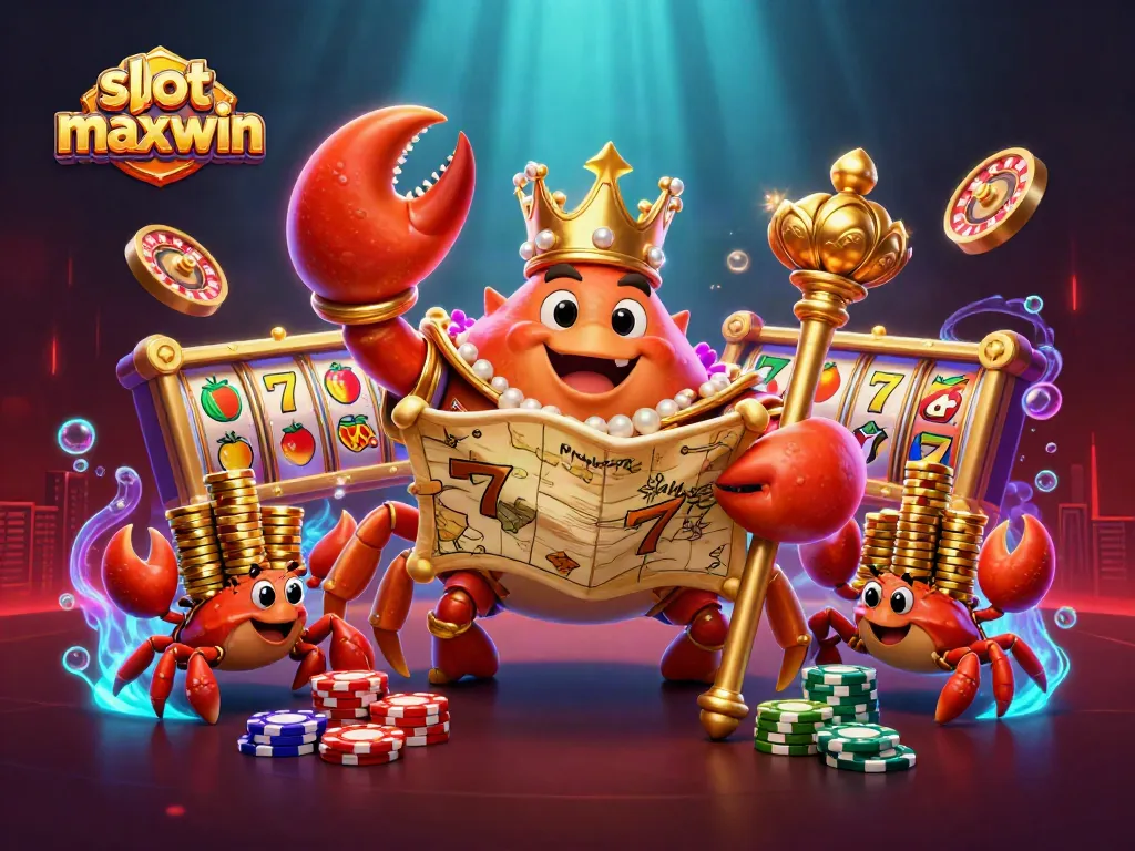 Experience the slot maxwin excitement with a golden crab emperor amidst vibrant casino elements.