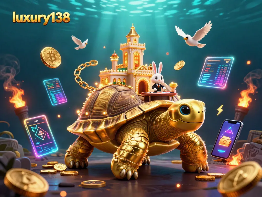 Engage with luxury138’s online casino experience, featuring vibrant 3D characters amidst digital gaming elements.