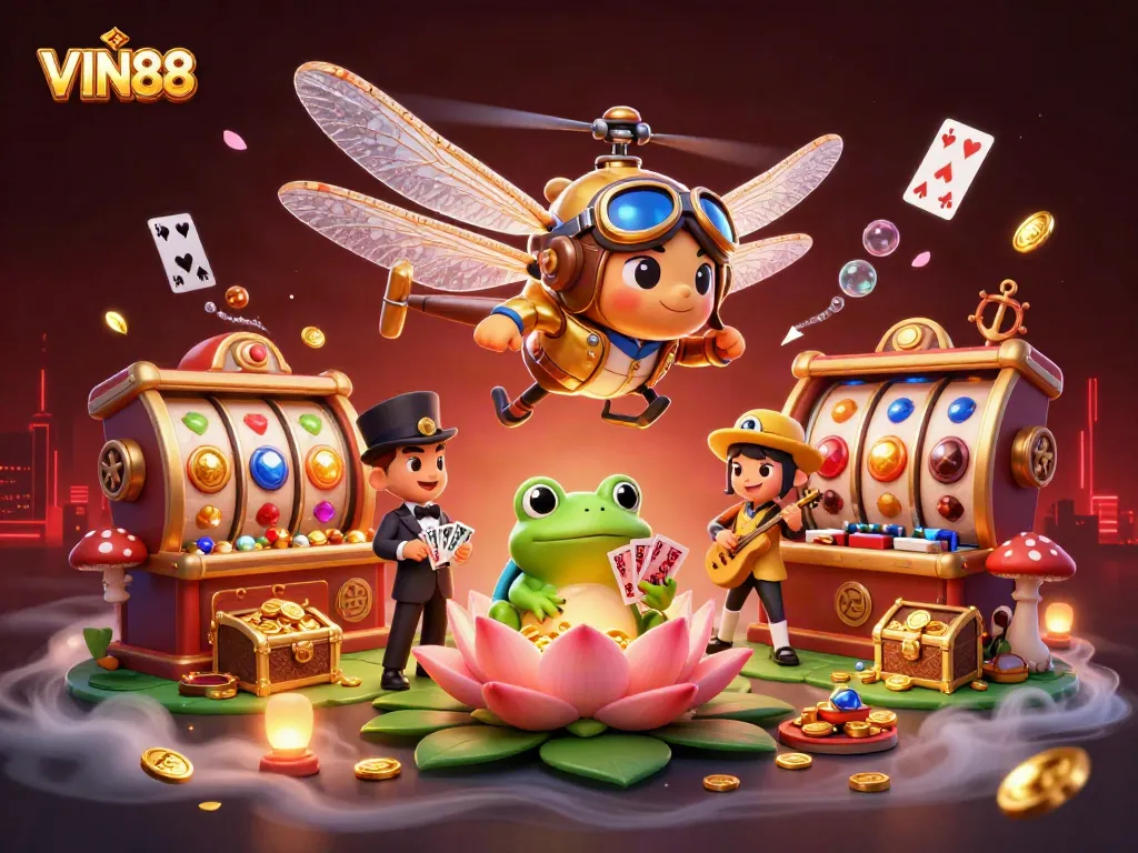 Experience thrilling gaming action at VIN88 with a vibrant casino scene full of slot machines and excitement.