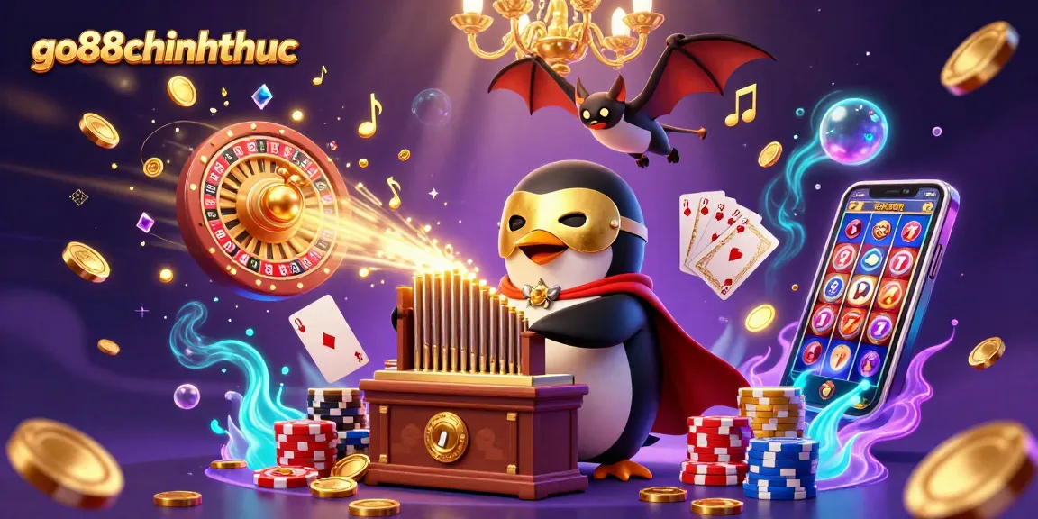 Immerse in go88chinhthuc with an illustrated scene of a penguin at a casino, rich in games and gold.