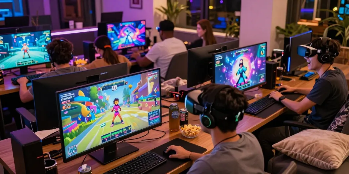 Friends enjoying a free sex game together in a vibrant gaming setup.