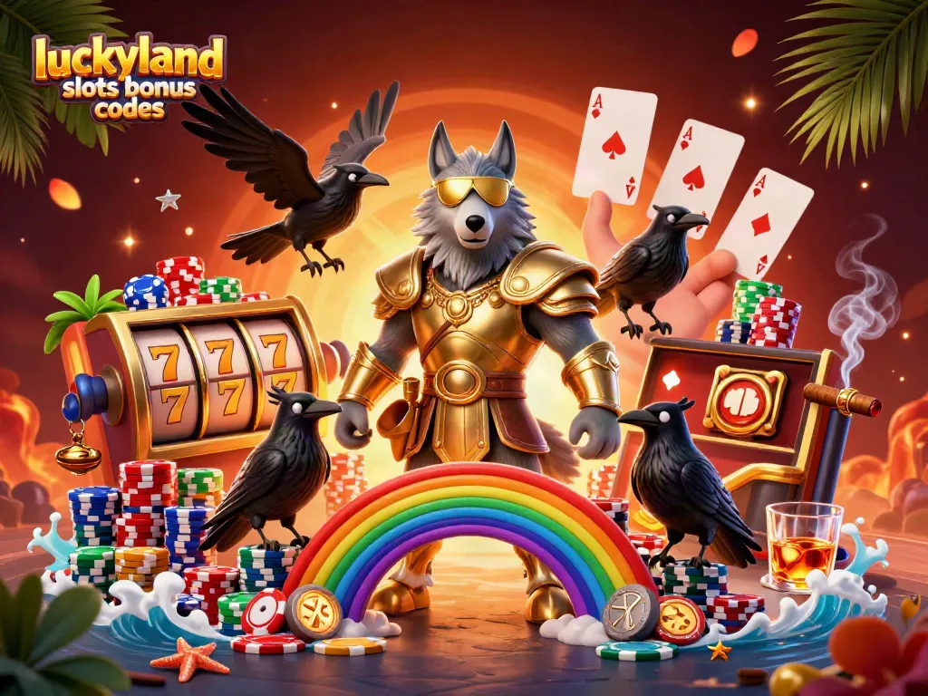 Spin the reels at LuckyLand Slots with bonus codes featuring Odin and ravens amidst vibrant casino elements.