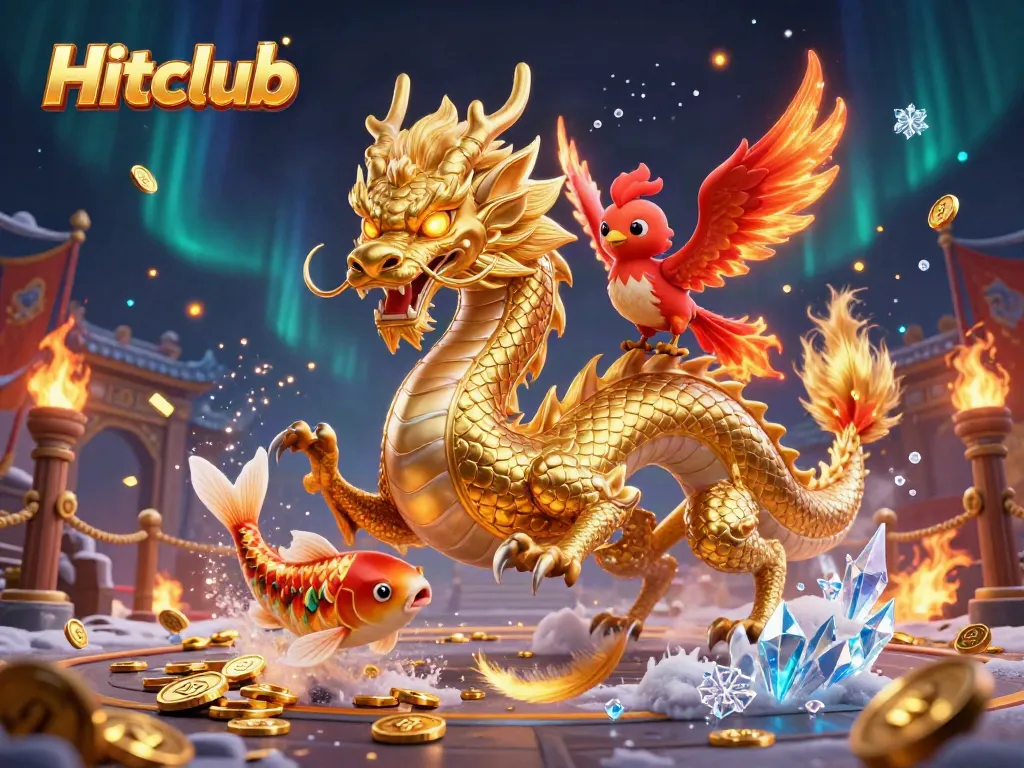 Engage with Hitclub’s thrilling gameplay featuring a dynamic scene of a fierce dragon, phoenix, and koi fish.