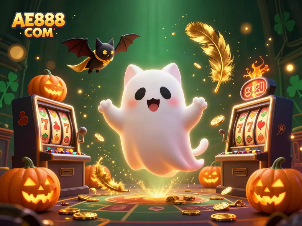 Engage with the enchanting AE888 COM experience in a vibrant casino scene filled with ghostly fun.