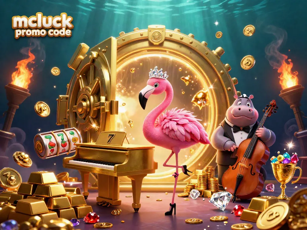 Engage with the vibrant scene showcasing mcluck promo code amidst lively casino characters and slot elements.