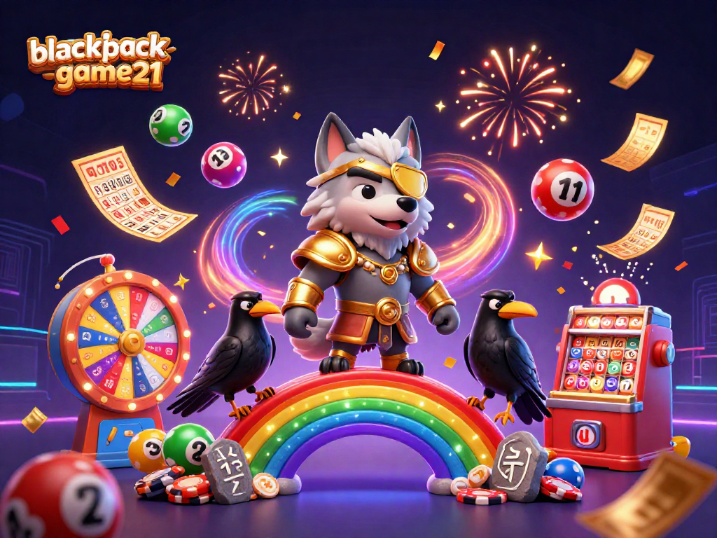 Join the excitement of blackjack-game21 as Odins wolf and ravens celebrate on a vibrant casino bridge.