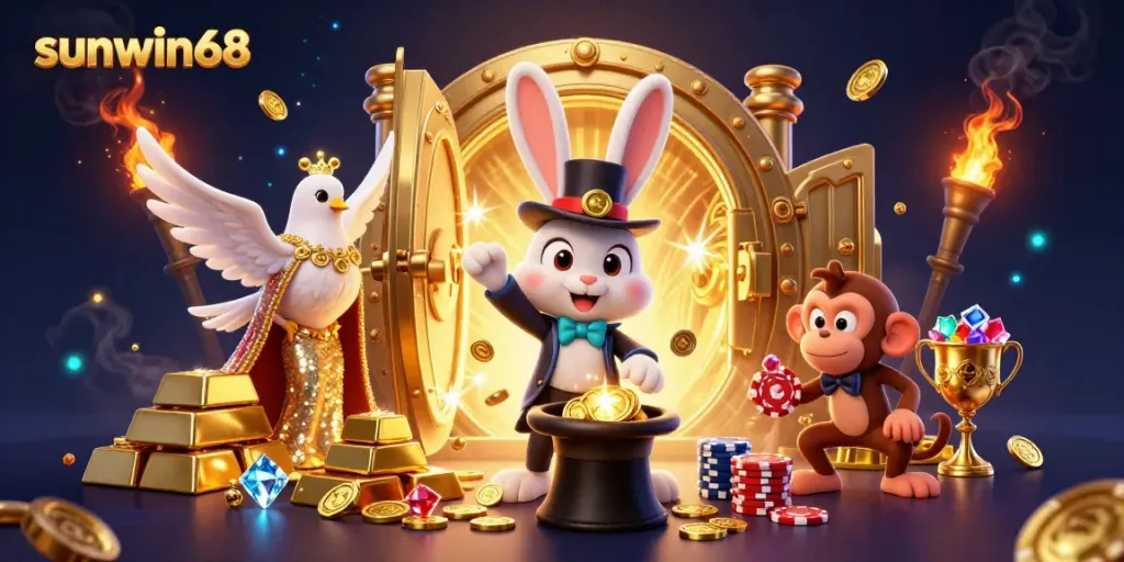 Experience the thrilling world of sunwin68 with a dazzling 3D illustration of a magician rabbit and characters amidst sparkling coins.