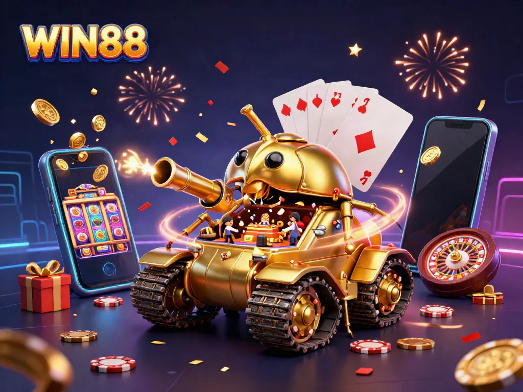 Experience the excitement at WIN88 with a vibrant 3D casino scene featuring gold beetle tank and slot games.