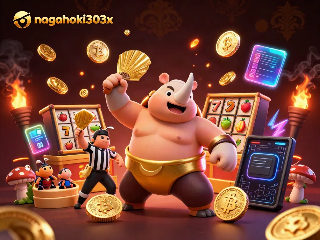 Mainkan slot di nagahoki303x dengan karakter juara sumo keledai rinoceros mengelilingi koin emas yang jatuh.