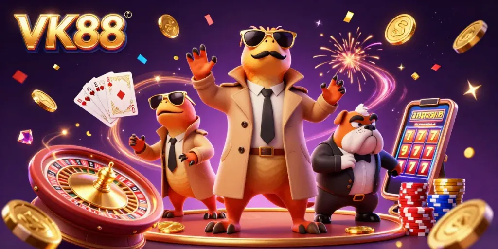 Watch the VK88 raptors in a trench coat sneak into a casino scene filled with golden coins and cards.