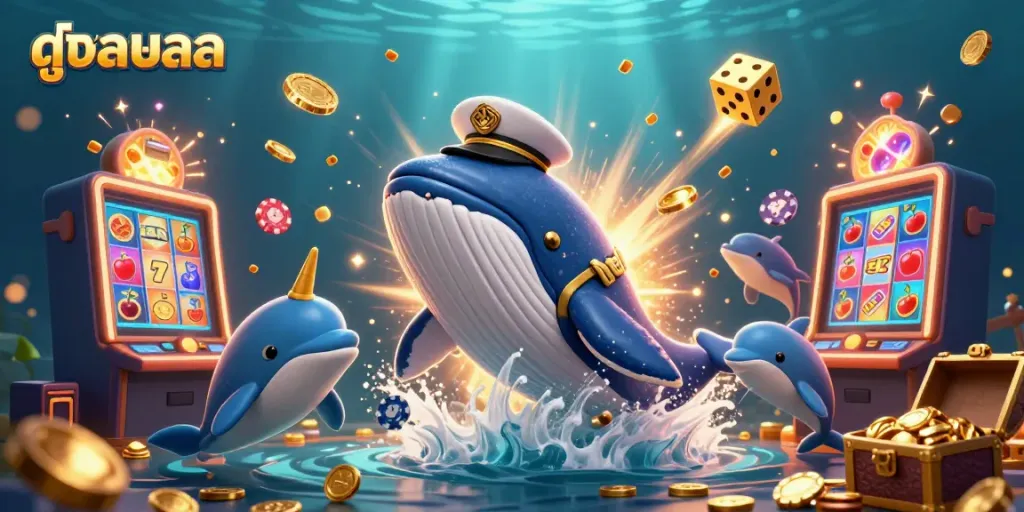 Experience high-quality ดูบอลสด with a whimsical scene featuring giant cartoon characters and dazzling casino elements.